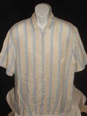 TOMMY BAHAMA BLUE/BEIGE STRIPED 100% LINEN S/S BUTTON FT. SHIRT SZ L - Image 1 of 4