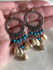 Silpada Hammered Sterling Silver Turquoise & Moonstone Chandelier Earrings W1346 - Picture 1 of 10