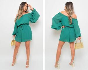 Off Shoulder Pleated Playsuit - Green