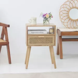 Rattan Nightstand with Drawer Bedside Table End Table for Living Room,Bedroom - Picture 1 of 8