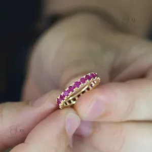 Certified Eternity Band Natural Round Ruby 14k Gold Stackable Wedding Ring - Picture 1 of 13