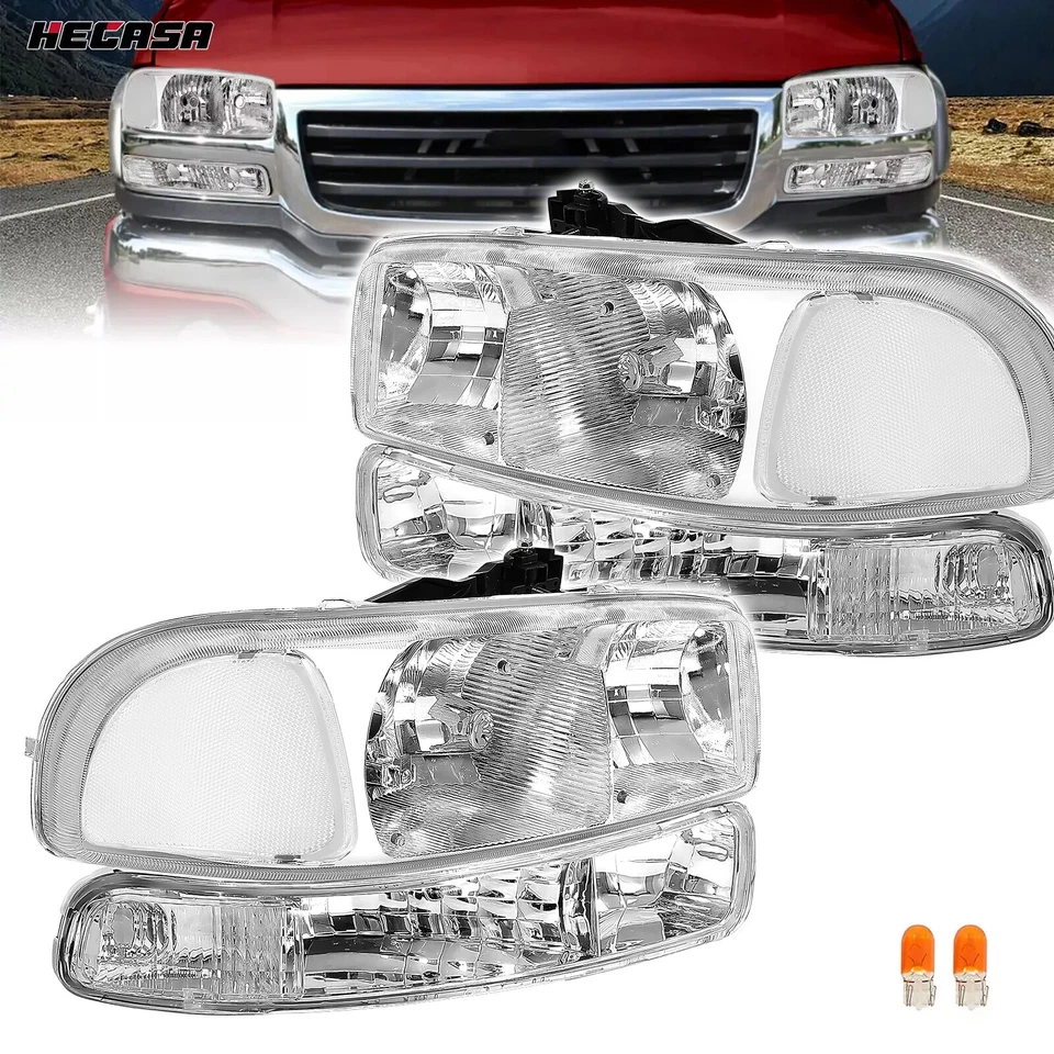 Headlights w/ Bumper Lamps For 1999-2007 GMC Sierra 1500 2500 2000-2006 Yukon XL - Image 1 of 4
