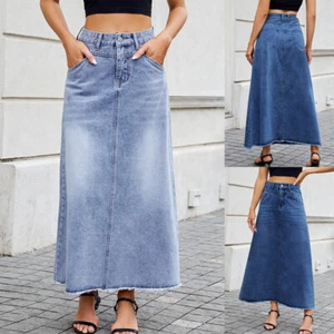 Womens Casual Long Denim Skirt Pockets High Waist Summer Loose Skirts Dress Size - Picture 1 of 19
