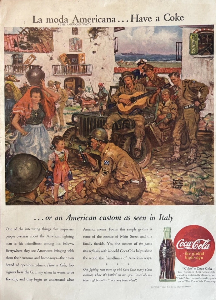 Coca-Cola Coke Cover 1945 Vintage Print Ad WW2 G.I.'s in Italy Benton Clarke Art - Image 1 of 1
