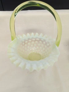 Fenton Opalescent Vaseline Glass Coin Spot Ruffle Edged Basket - Picture 1 of 5