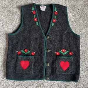 Vintage PBJ bestickte Pullover Weste Blume/Herz Folk Style 100% Wolle, Weihnachten - Bild 1 von 11