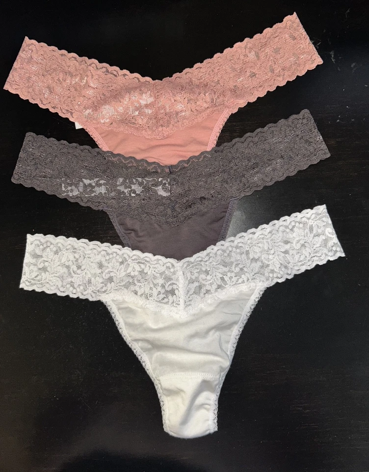 NEW! HANKY PANKY SUPIMA COTTON AND LACE ORIGINAL RISE THONGS 3 PACK OS - Image 1 of 1