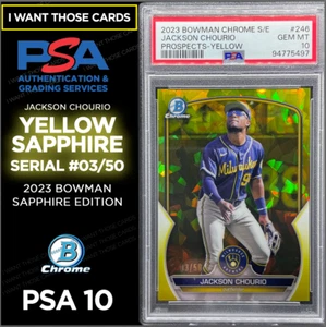 Jackson Chourio ROOKIE YELLOW SAPPHIRE #/50  💎  2023 Bowman Chrome 🔥 PSA 10 - Picture 1 of 6