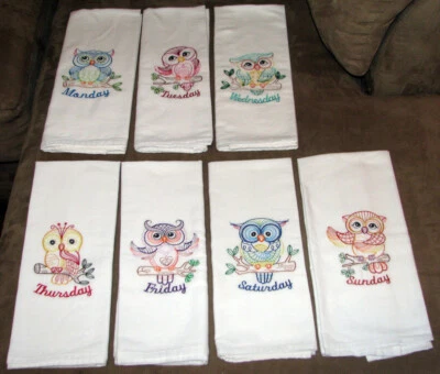 HANDMADE OWL Days Of The Week Machine Embroidered Flour Sack Kitchen Dish Towels, New (7)
