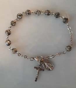 Vintage Silver Tone Rosebud 8"L Bracelet Crucifix, Miraculous Mary Charms - Picture 1 of 6