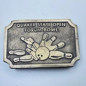 Vintage Solid Brass Belt Buckle Quaker State Open Forum Bowl Hit Line USA - Picture 1 of 3