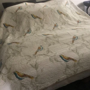 Threshold Watercolor Bird Quilt Queen Cream Cotton Linen Blend - Picture 1 of 11