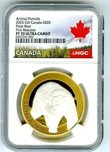 CANADÁ 2025 $20 1 OZ PLATA A PRUEBA DORADA NGC PF70 RETRATOS DE ANIMALES OSO POLAR - FR - Imagen 1 de 2