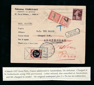 POSTAGE DUE COMBINATION NETHERLANDS + FRANCE 1927 MUSIC EDITOR FRANCIS DAY LYRIC - Picture 1 of 1