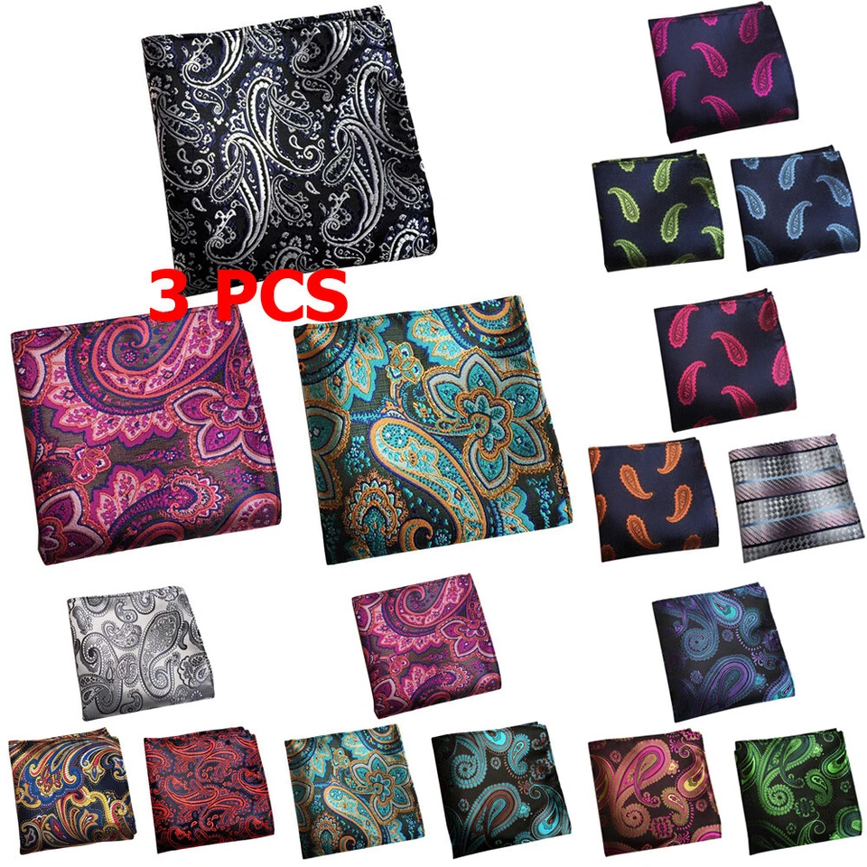 3 PCS Men's Colorful Paisley Flowers Floral Handkerchief Pocket Square Hanky - Image 1 of 1