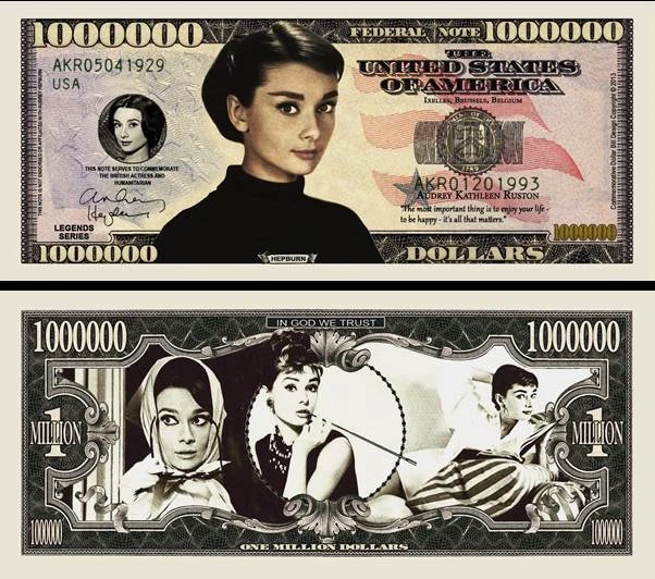 Audrey Hepburn Million Dollar Bill Play Funny Money Novelty Note + FREE SLEEVE