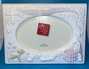 Russ Baby's Baptism Ceramic Picture Photo Frame 4x6 Deer Bunny Christening Cross - Picture 1 of 14