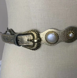 Cintura Vintage Metallic Glam anni '80 Abbellita Finte Perle Tono Oro 33"" M/L - Foto 1 di 12
