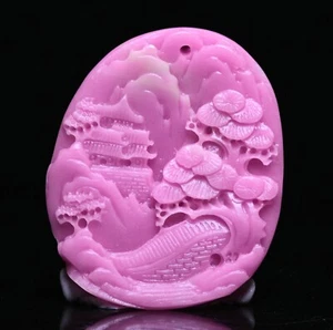5CM China Natural Pink Jade Carve Mountain Tree House Bridge Amulet Pendant - Picture 1 of 9