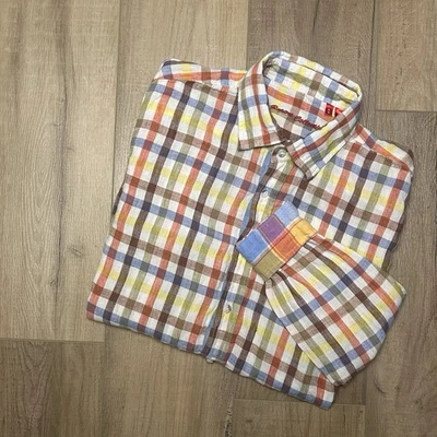 Report Collection 100% Linen Shirt Mens Medium Plaid Long Sleeve Flip Cuff - Image 1 of 4