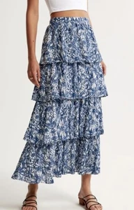 Abercrombie & Fitch Tiered Layered Boho Beachy Hippie Maxi Skirt Blue White S - Picture 1 of 11