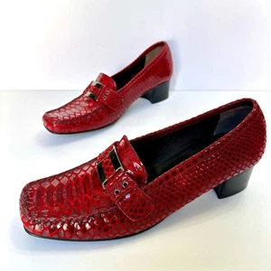 Stuart Weitzman 9 Red Snake Print Buckle Slip On Square Toe Heel Pump Loafers - Picture 1 of 14