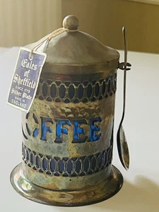 Vintage Sheffield England Coffee Canister with Lid Spoon Hammered Silver Plated - Picture 1 of 8