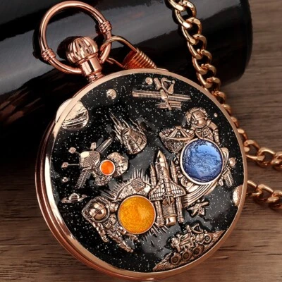 Uncommon Musical Movement Quartz Pocket Watch Space Case Fob Watches with Chain - Image 1 of 4