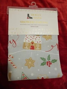 Holly Days Fabric Shower Curtain 72x72 Gingerbread Man Holiday Christmas NWT - Picture 1 of 3