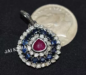 Blue Sapphire Ruby Gemstone Polki Uncut Pave Diamond 925 Sterling Silver Pendant - Picture 1 of 8