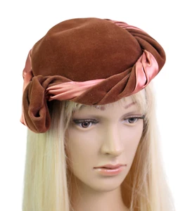 Vintage Carol Mandel Brothers MID CENTURY BRAUN WOLLE ROSA SEIDE DAMENHUT Einheitsgröße - Bild 1 von 10