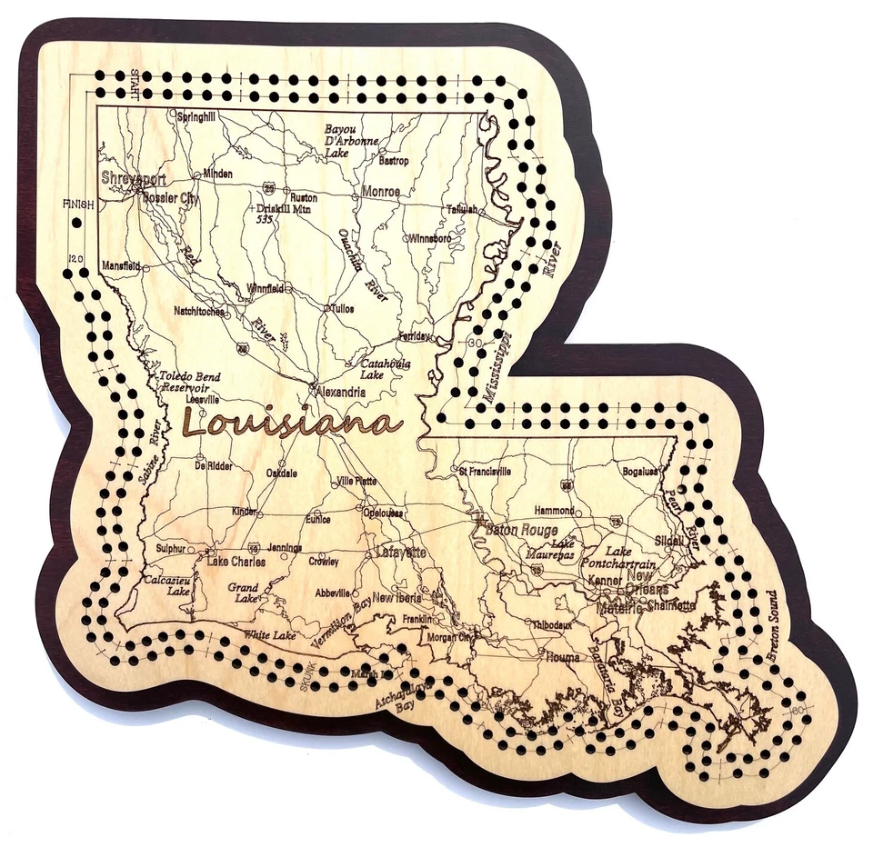 Louisiana Shaped Road Map Cribbage Board - Image 1 of 1
