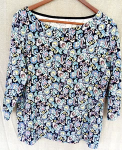 Talbots Tee Shirt M Petites Paisley Knit Top Cotton Stretch 3/4 Sleeve Boat Neck - Picture 1 of 7