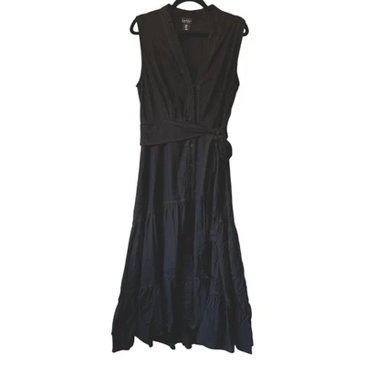 Vestido camisero NICOLE MILLER mediano negro lino viscosa maxi capas forrado con cinturón Foto 1 de 4