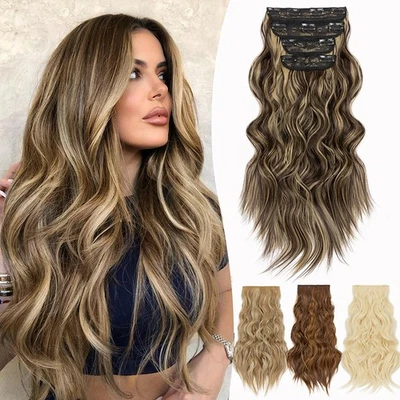 Wavy Highlight 4 Pieces Clip In Real As Human Hair Extension Thick Hairpiece US - Image 1 of 4