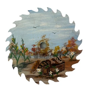 7in Vintage Saw Blade Handpainted, Corn Sleeping Racoon FlowerTrees Rustic Decor - Picture 1 of 3