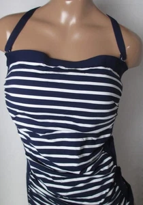 LANDS END Deep Sea/Media Stripe Bandeau Tankini Swimsuit Top Womens 8 Long NEW - Picture 1 of 16