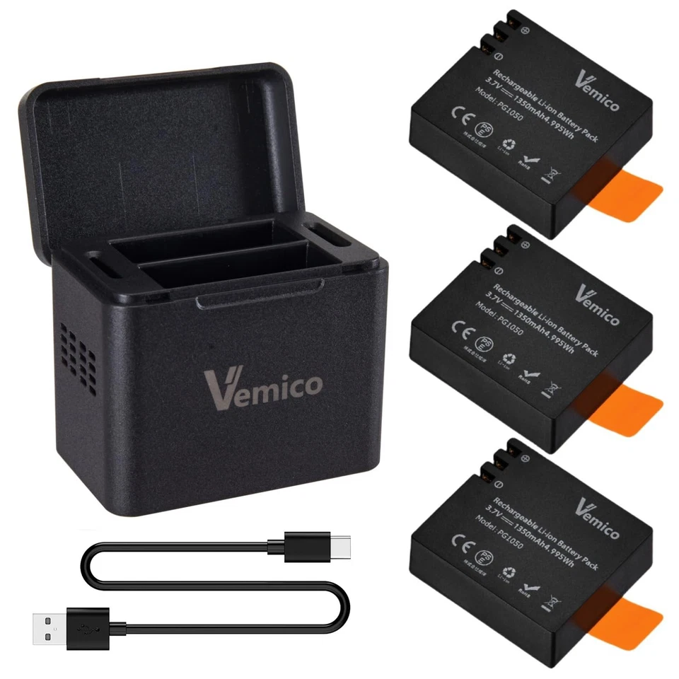 VEMICO Action Cam Batteria 3X1350mAh EK7000 Batteria PG1050 per AKASO EK7000 Pro, WOLFA