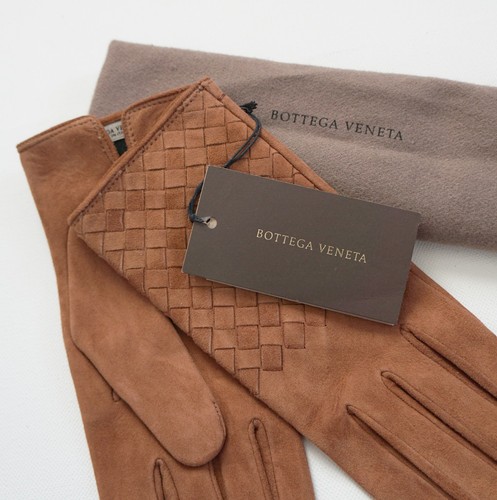NUOVI Autentici Guanti BOTTEGA VENETA INTRECCIATO Marroni Originari PELLE SCAMOSCIATA 75 US 7 5