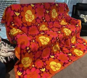 Groovy Vintage 60s 70s FLOWER POWER yellow orange pink HUGE Retro Blanket - Picture 1 of 5