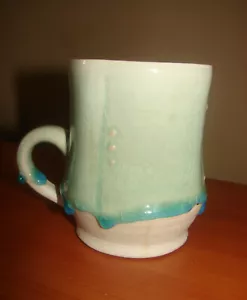 Studio Art Pottery DRIP GLAZE Coffee Mug Artist SIGNED Aqua Teal Blue 4.5" High - Picture 1 of 10