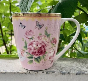 Taza de té de café Eileens Reserve rosa peonías rosas mariposas borde dorado bonita - Imagen 1 de 6