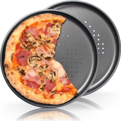 2x Pizzablech 32cm Flammkuchen Pizza Ofen Back Blech rund gelocht Pizzaform - Bild 1 von 4