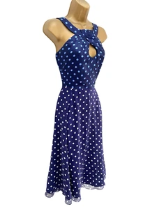 Hobbs Silk Midi Dress Polka Dot Halter Neck Size 10 Navy Wedding Cruise No Belt - Picture 1 of 12