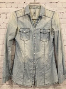 Stradivarius Damen blau verwaschen verwaschen Denim-Look Druckknopfverschluss vorne LS Small - Bild 1 von 12