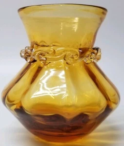 Vintage/Mid Century Pilger mundgeblasene Bernstein Kunst Glas Vase mit Rigaree & gerippt - Bild 1 von 12