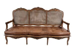 Magnificent French Louis XV Cane Bench Canape Sofa Settee with Leather Cushion