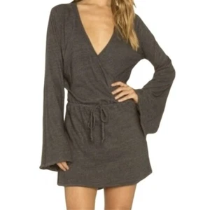 NEW Chaser Bell Sleeve Faux Wrap Jersey Knit Mini Dress Charcoal Gray Medium - Picture 1 of 6