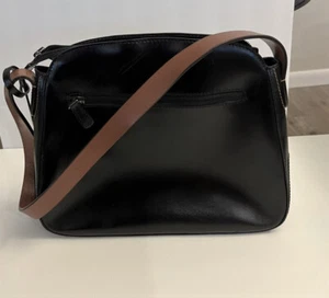 Vintage Le Saunda schwarze Lederhandtasche brauner Riemen Bergdorf Goodman Purse - Bild 1 von 8