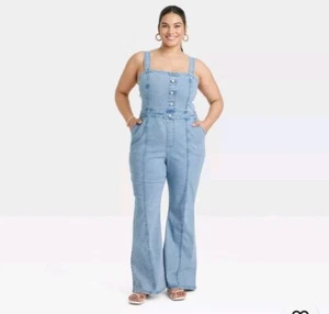 ✨️ Ava & Viv Women's Denim Flare Jumpsuits Sleeveless Overalls Size 17 - Picture 1 of 5